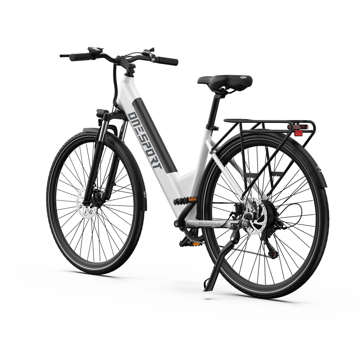OneSport OT12 Pro, vélo électrique blanc vu de trois quarts arrière avec porte-bagages, feu arrière et béquille latérale