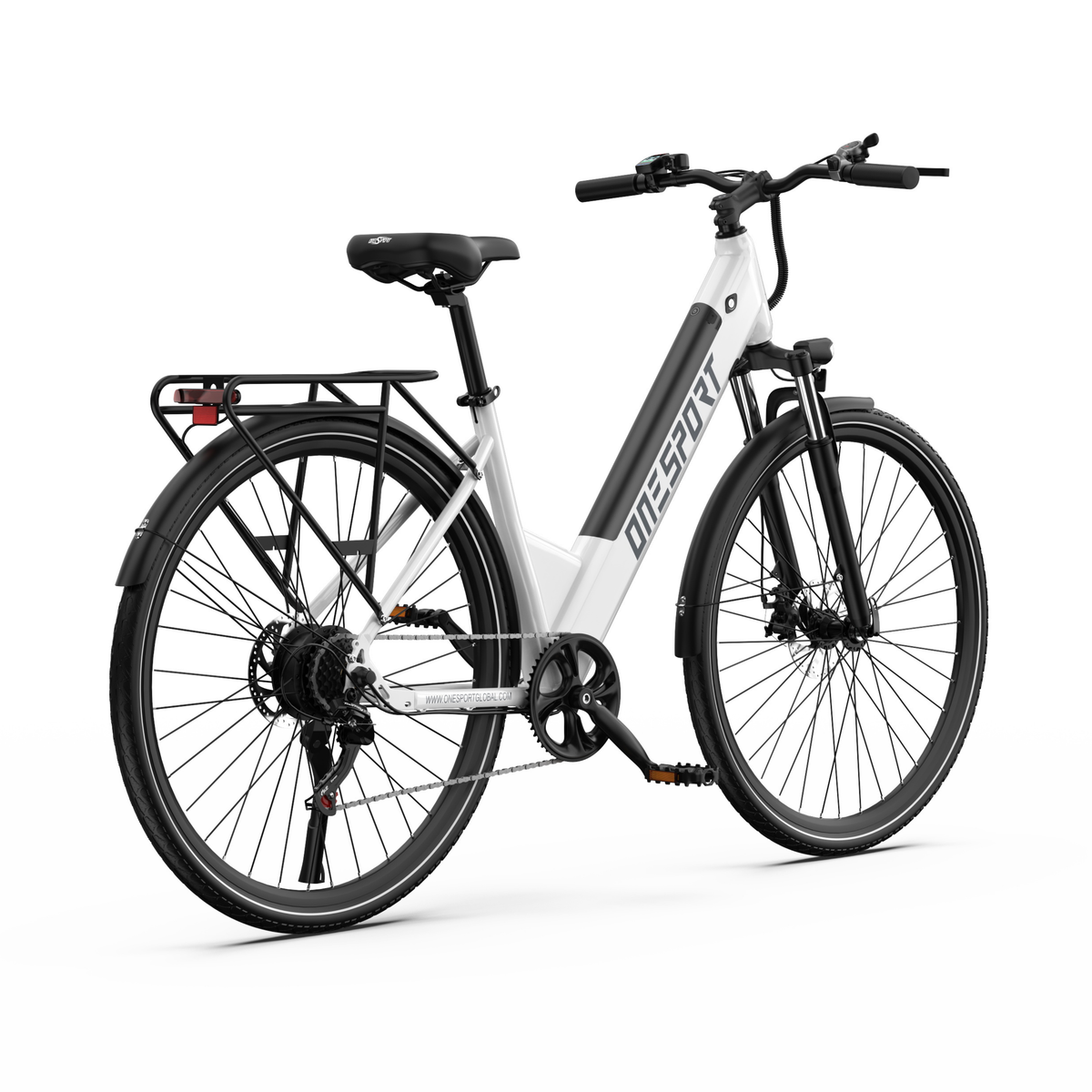 OneSport OT12 Pro, vélo électrique blanc vu de trois quarts arrière depuis l'autre côté, avec selle et porte-bagages