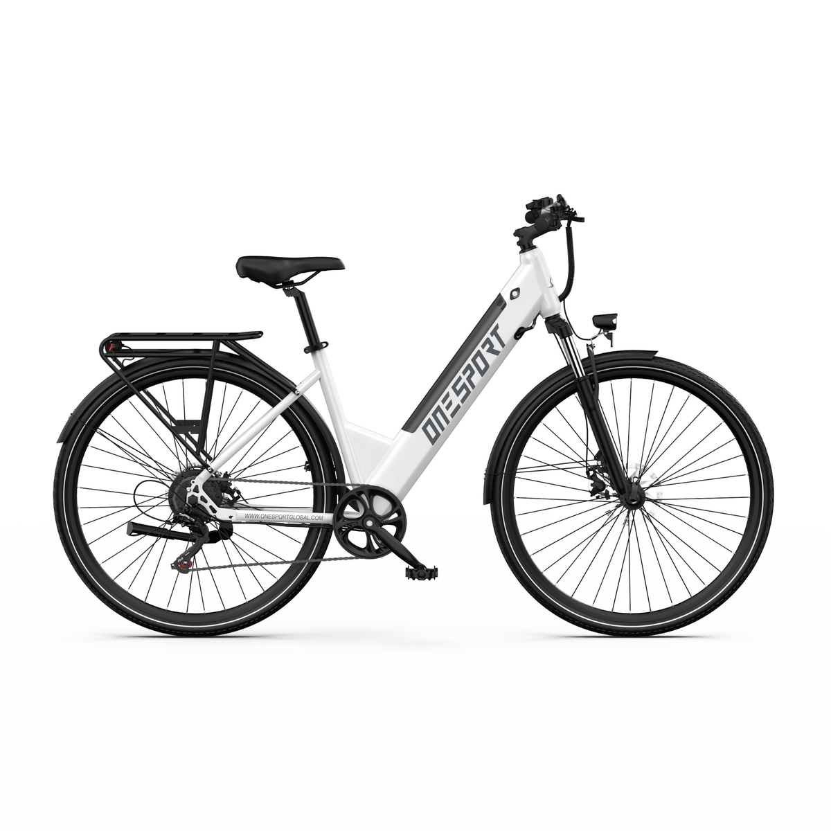 OneSport OT12 Pro, vélo électrique blanc vu de profil avec cadre bas, porte-bagages et garde-boue