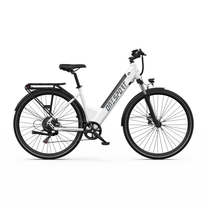 OneSport OT12 Pro, vélo électrique blanc vu de profil avec cadre bas, porte-bagages et garde-boue