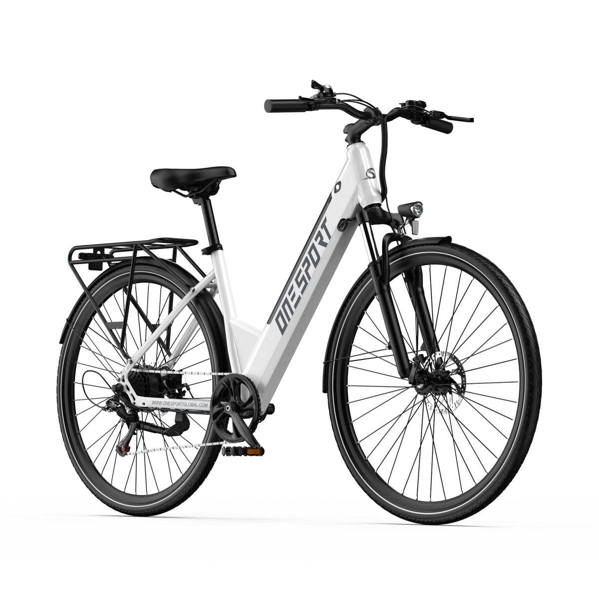 OneSport OT12 Pro, vélo électrique blanc vu de trois quarts avant avec guidon, feu avant et porte-bagages