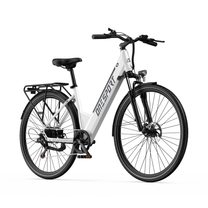 OneSport OT12 Pro, vélo électrique blanc vu de trois quarts avant avec guidon, feu avant et porte-bagages