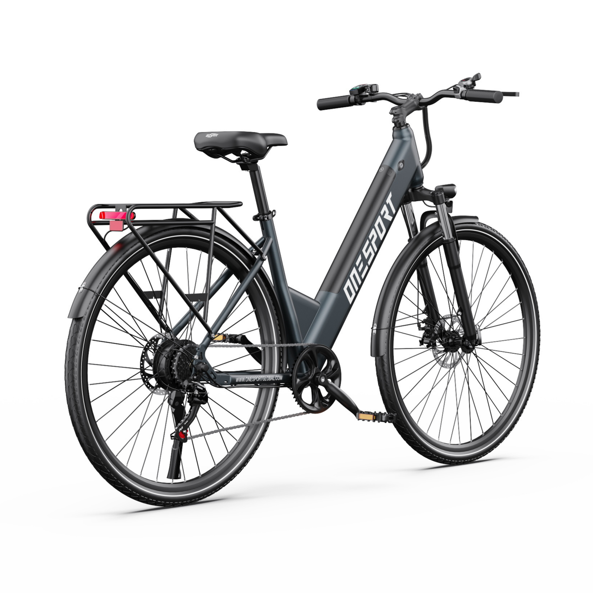Vélo électrique OneSport OT12 Pro vu de trois quarts arrière avec porte-bagages, feu arrière rouge, selle et chaîne