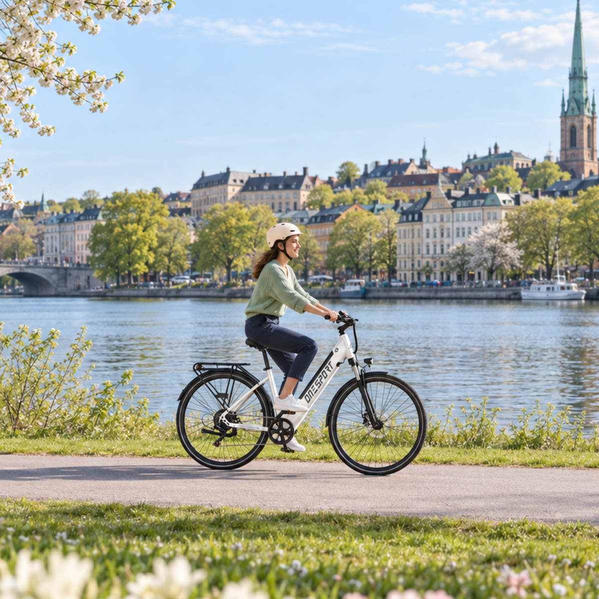 Femme casquée à vélo sur un OneSport OT12 Pro blanc le long de l'eau, avec la ville en arrière-plan