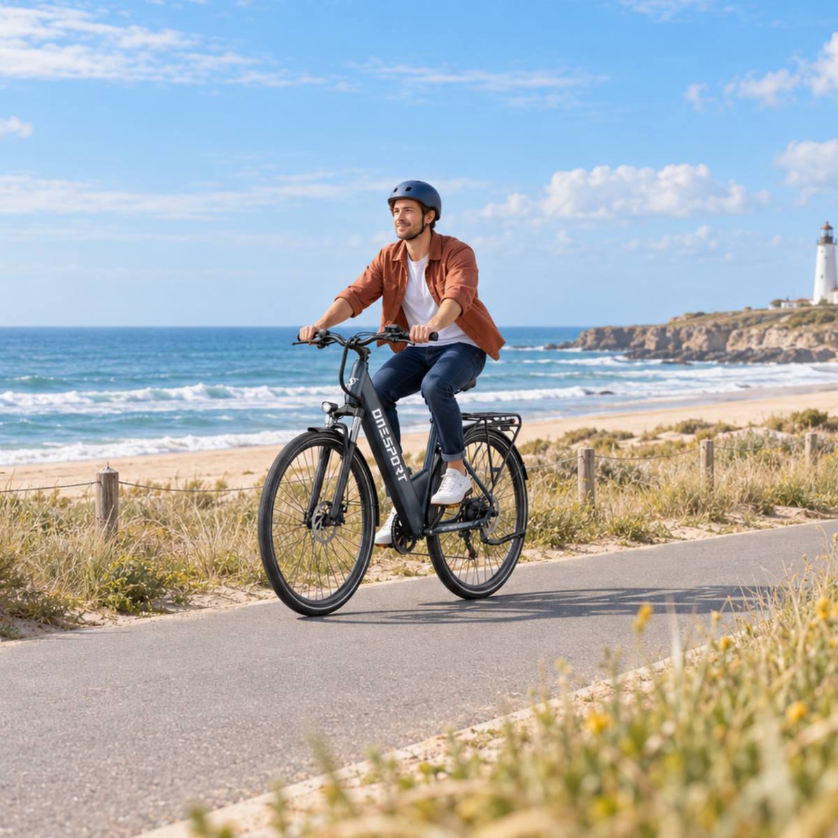 Homme casqué à vélo sur un OneSport OT12 Pro le long d'une route côtière, avec la mer et un phare en arrière-plan