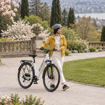 Femme casquée tenant à la main un OneSport OT12 Pro blanc dans un parc aux arbres en fleurs