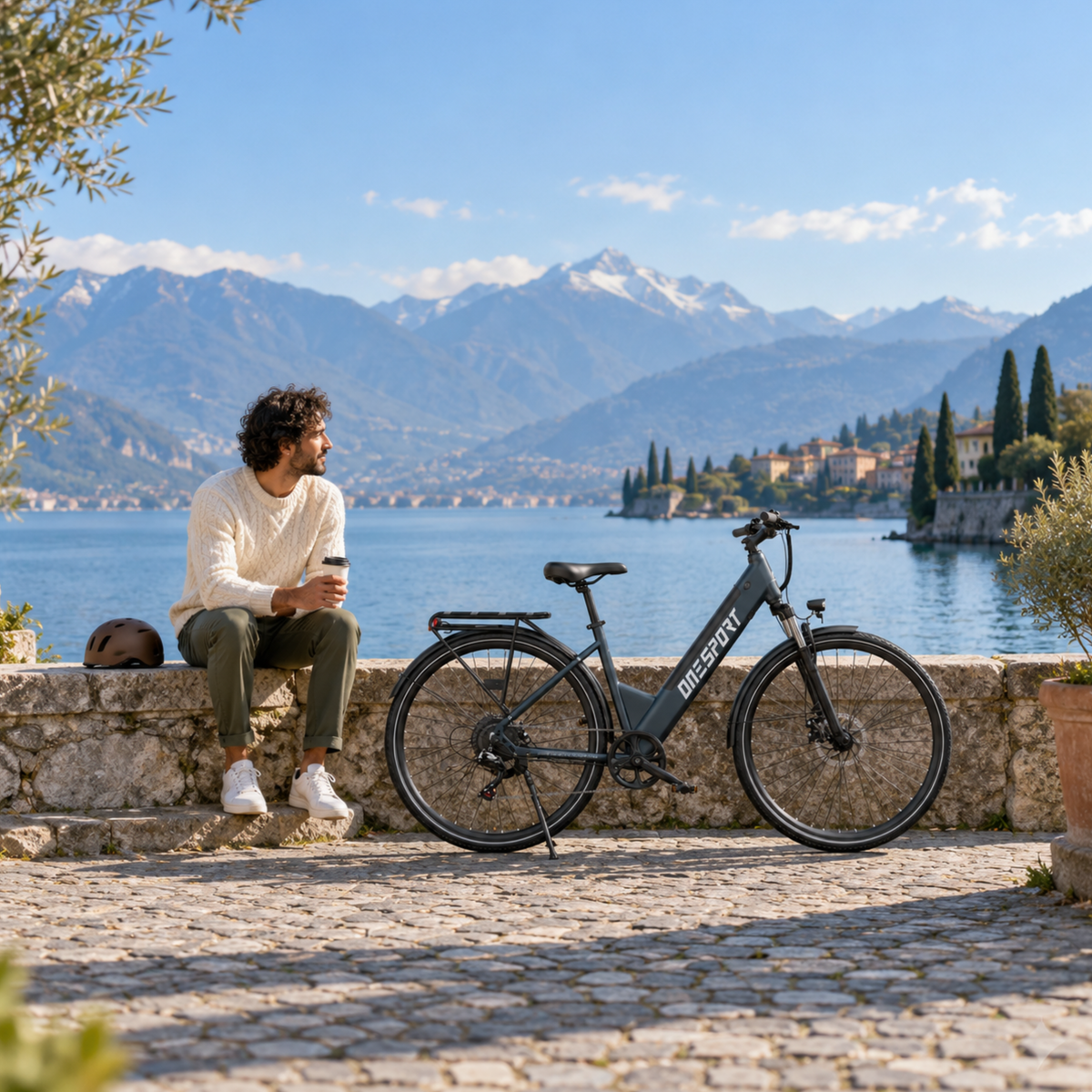 Vélo électrique OneSport OT12 Pro sur un quai pavé au bord d'un lac, avec un homme assis sur le muret à côté et des montagnes en arrière-plan