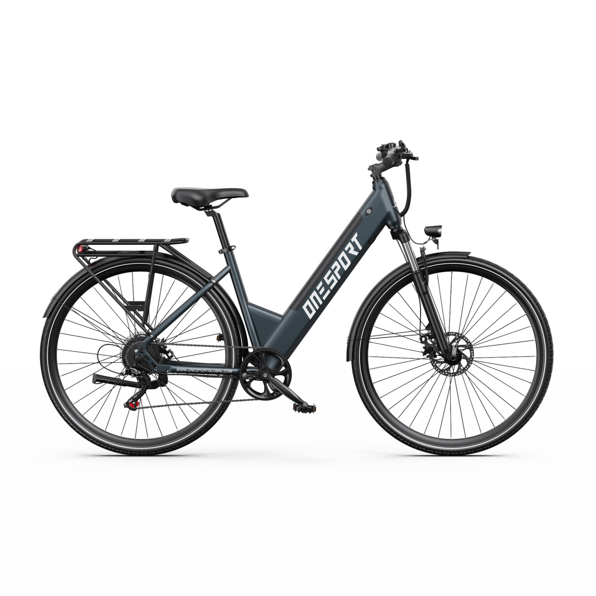 Vélo électrique OneSport OT12 Pro vu de profil avec cadre à enjambement bas, porte-bagages et garde-boues