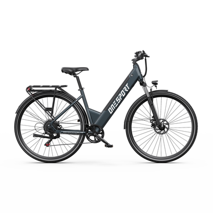 Vélo électrique OneSport OT12 Pro vu de profil avec cadre à enjambement bas, porte-bagages et garde-boues