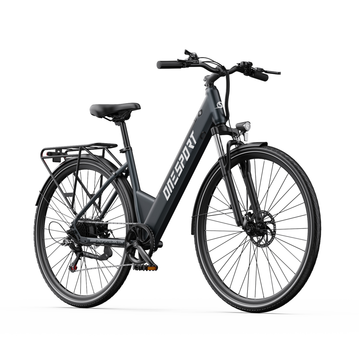Vélo électrique OneSport OT12 Pro en vue de trois quarts avant avec guidon, phare et porte-bagages