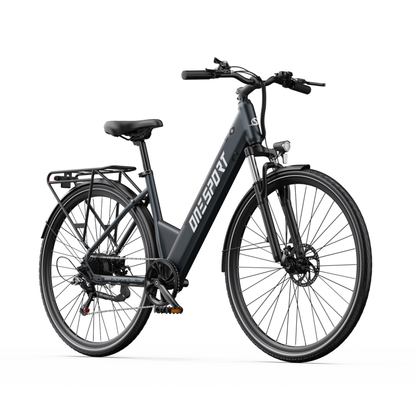 Vélo électrique OneSport OT12 Pro en vue de trois quarts avant avec guidon, phare et porte-bagages