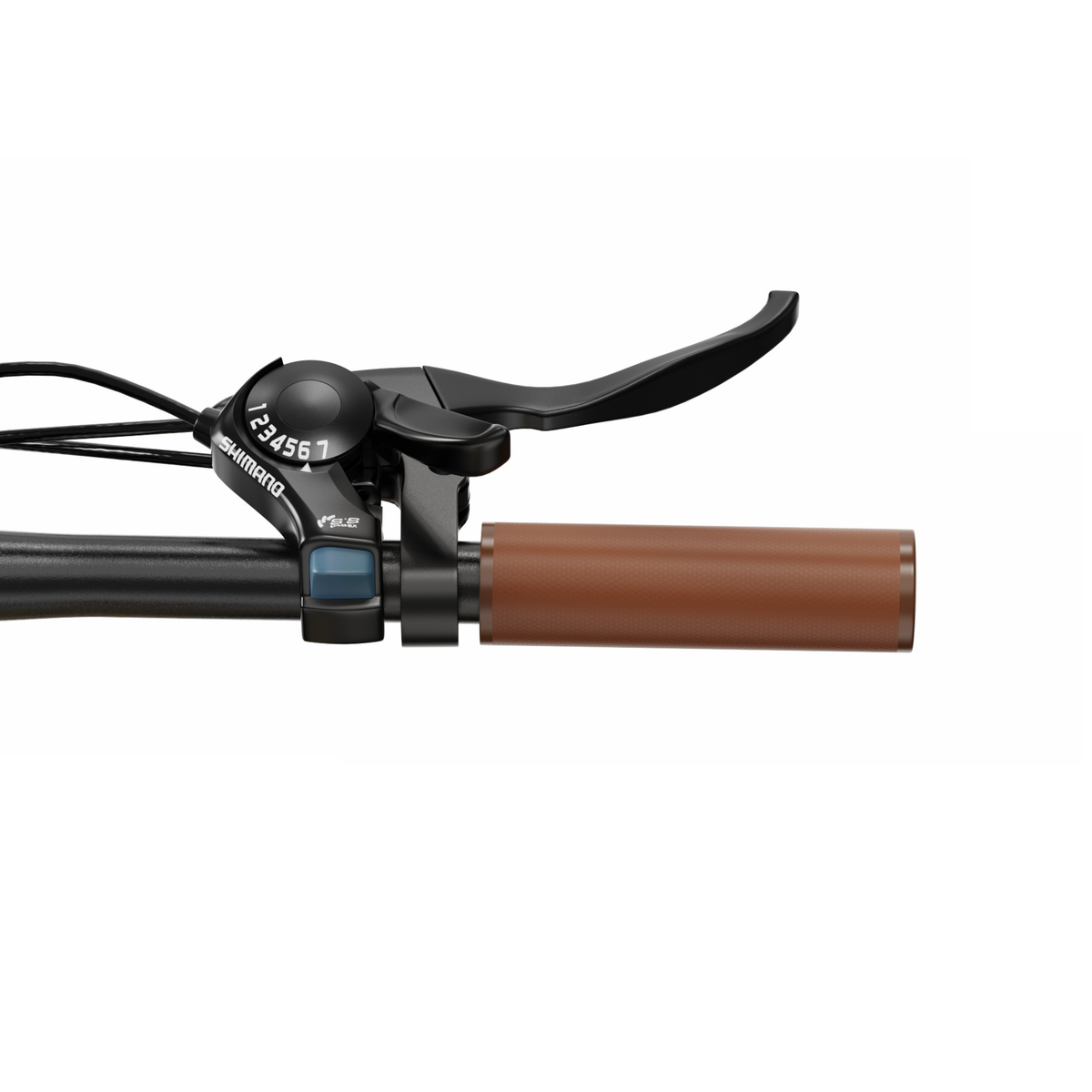 OneSport OT16 Pro, gros plan sur le levier de frein, la commande de vitesses Shimano et la poignée marron