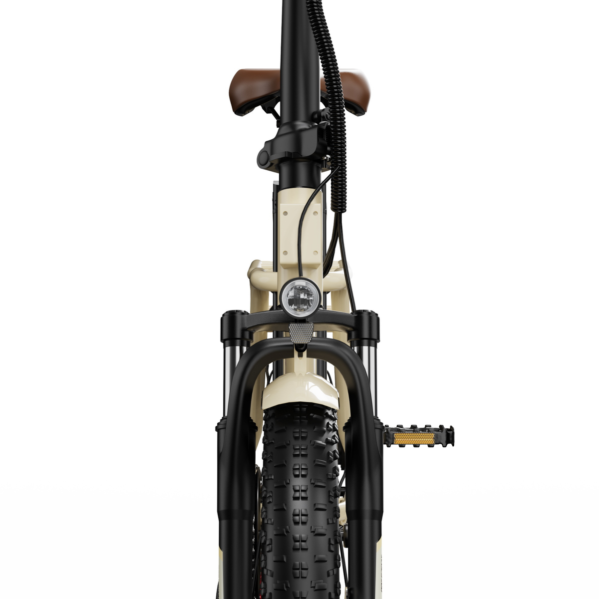 OneSport OT16 Pro vu de face, avec phare, fourche avant, pneu à gros crampons et selle marron