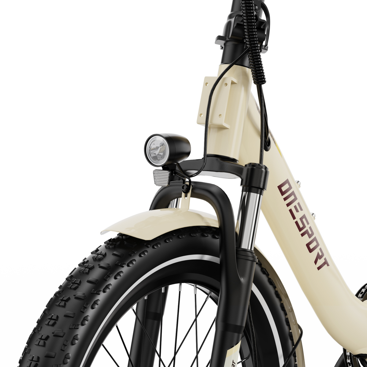 OneSport OT16 Pro, gros plan sur la fourche avant, le phare, le garde-boue et le pneu avant à gros crampons