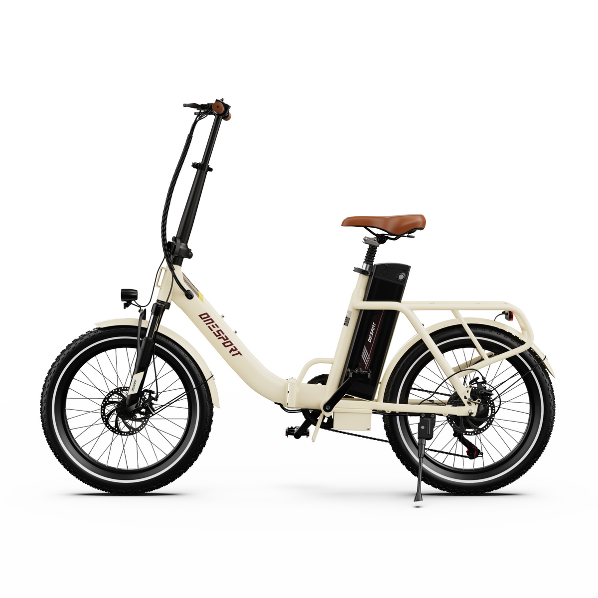 Vélo électrique OneSport OT16 Pro vu de profil, avec cadre à enjambement bas, selle marron, batterie et porte-bagages