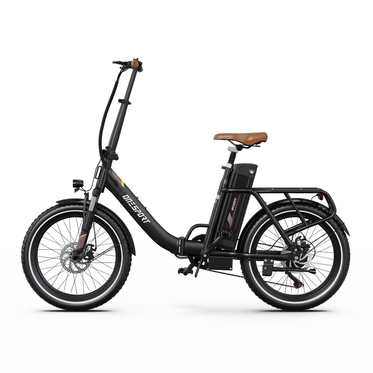 Vélo électrique OneSport OT16 Pro noir vu de profil, avec selle marron, batterie, porte-bagages et freins à disque