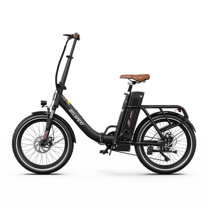 Vélo électrique OneSport OT16 Pro noir vu de profil, avec selle marron, batterie, porte-bagages et freins à disque