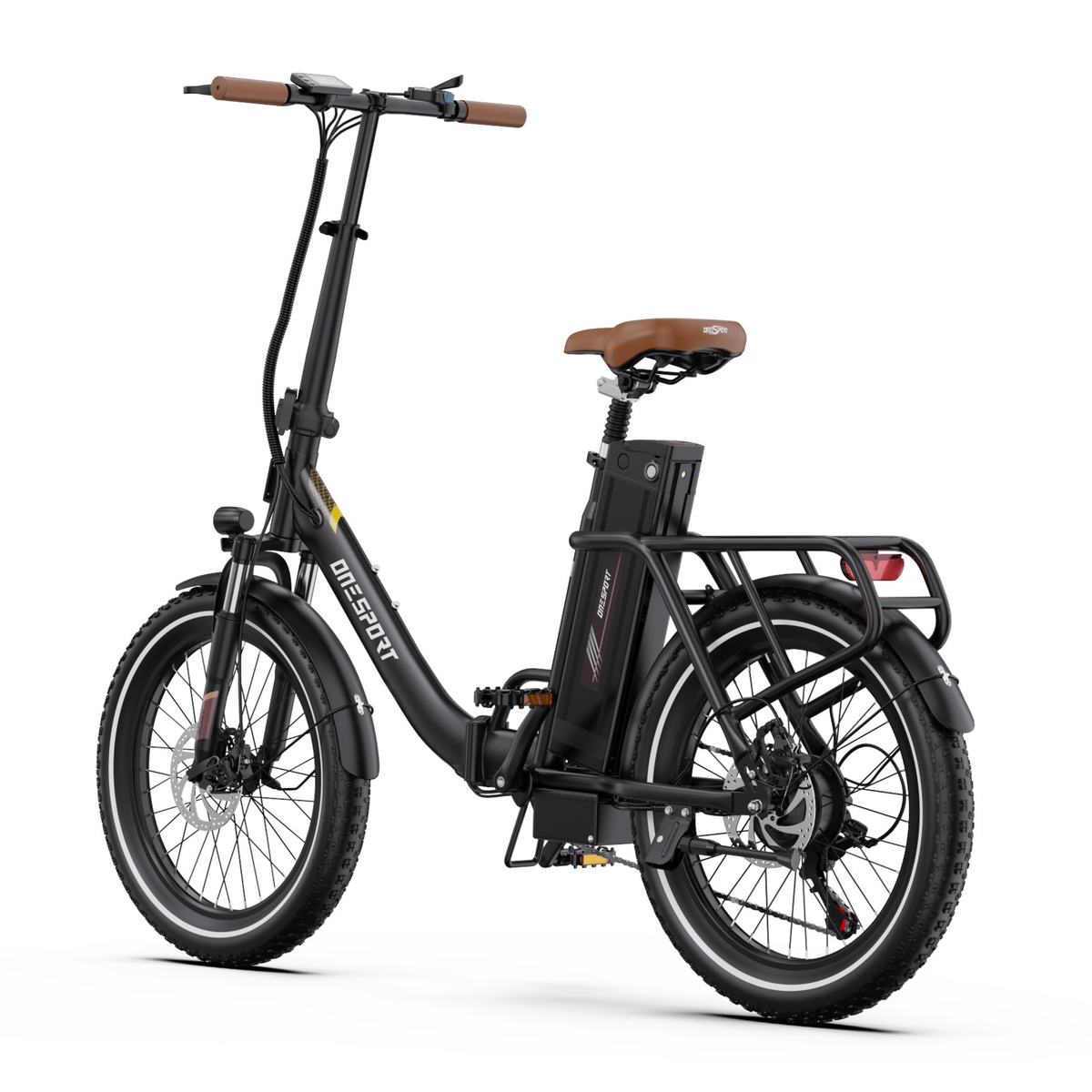 Vélo électrique OneSport OT16 Pro noir, vu de trois quarts arrière avec porte-bagages, batterie et selle marron