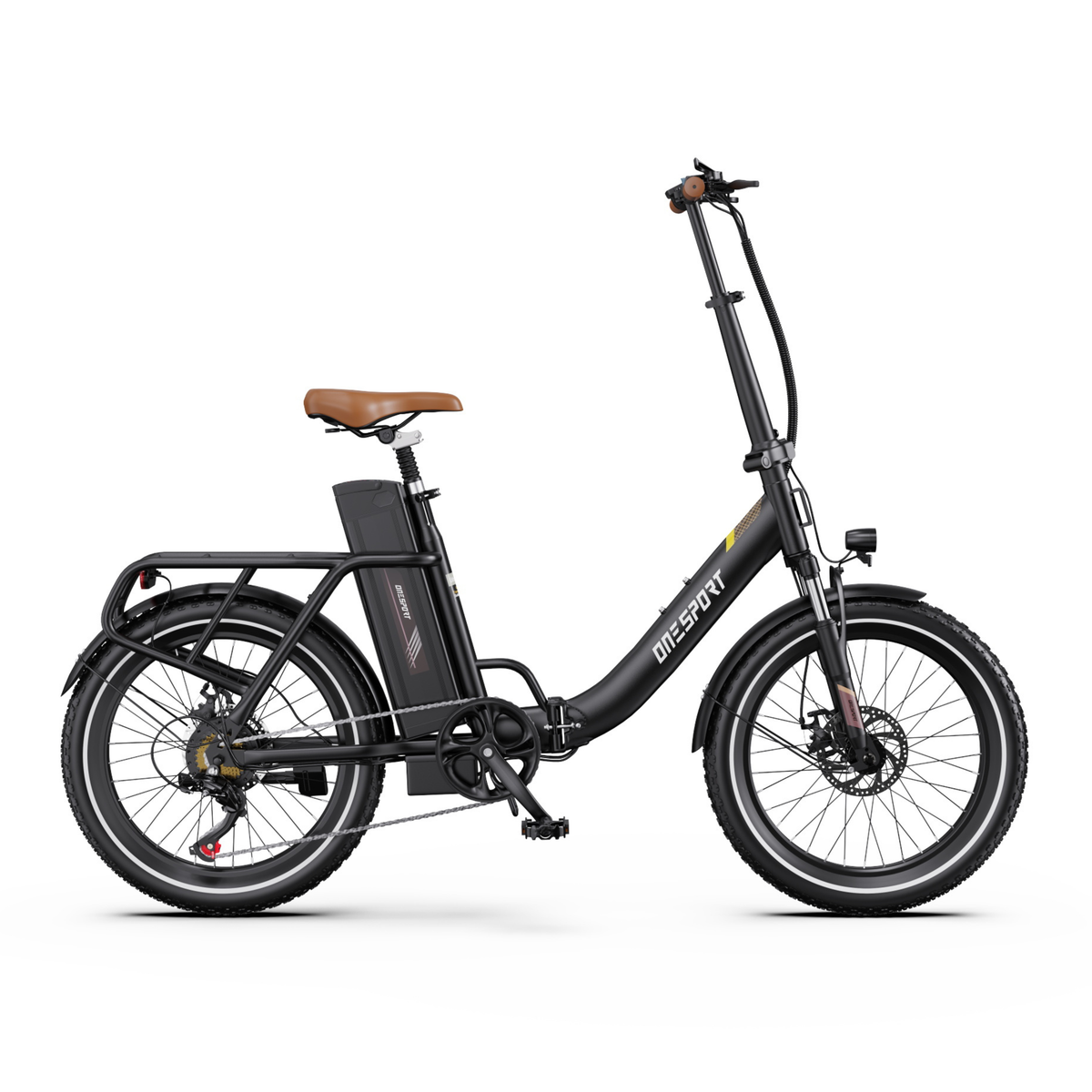Vélo électrique OneSport OT16 Pro noir vu de profil avec cadre à enjambement bas et selle marron