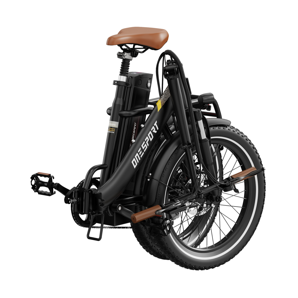 OneSport OT16 Pro plié, vu de trois quarts arrière avec selle marron, poignées marron et pneus larges