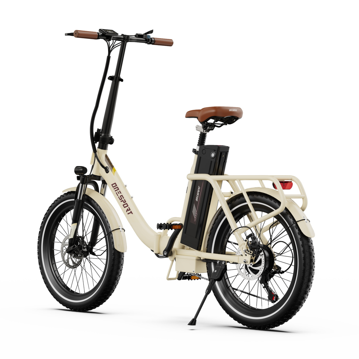 Vélo électrique OneSport OT16 Pro vu de trois quarts arrière, avec batterie, porte-bagages à feu arrière rouge et béquille latérale