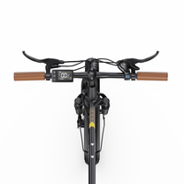 Guidon du OneSport OT16 Pro vu du dessus avec poignées marron, leviers de frein, écran et commande de vitesses Shimano