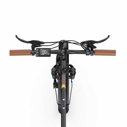 Guidon du OneSport OT16 Pro vu du dessus avec poignées marron, leviers de frein, écran et commande de vitesses Shimano