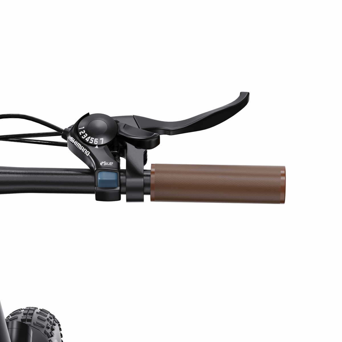 Gros plan sur la moitié droite du guidon du OneSport OT16 Pro avec levier de frein, commande de vitesses Shimano et poignée marron