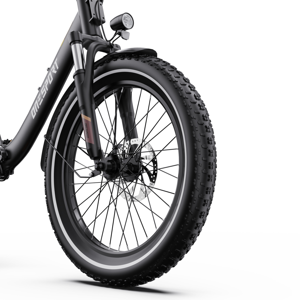 Roue avant du OneSport OT16 Pro avec pneu à crampons, rayons, frein à disque et fourche à suspension