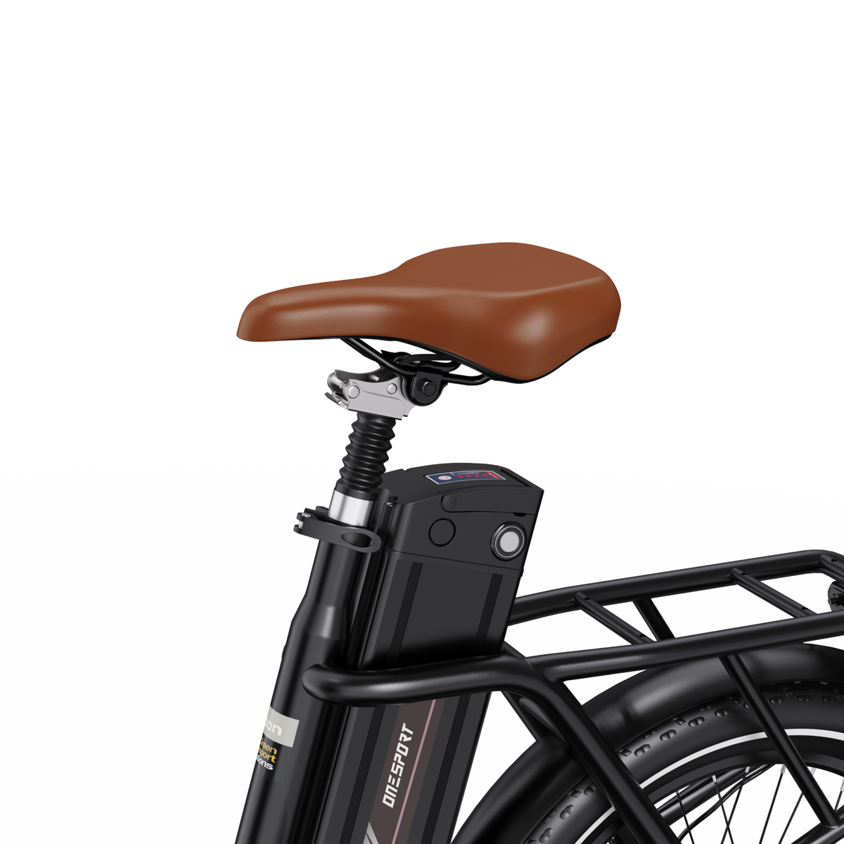 Gros plan sur la selle marron, la tige de selle, la batterie et le porte-bagages arrière du OneSport OT16 Pro