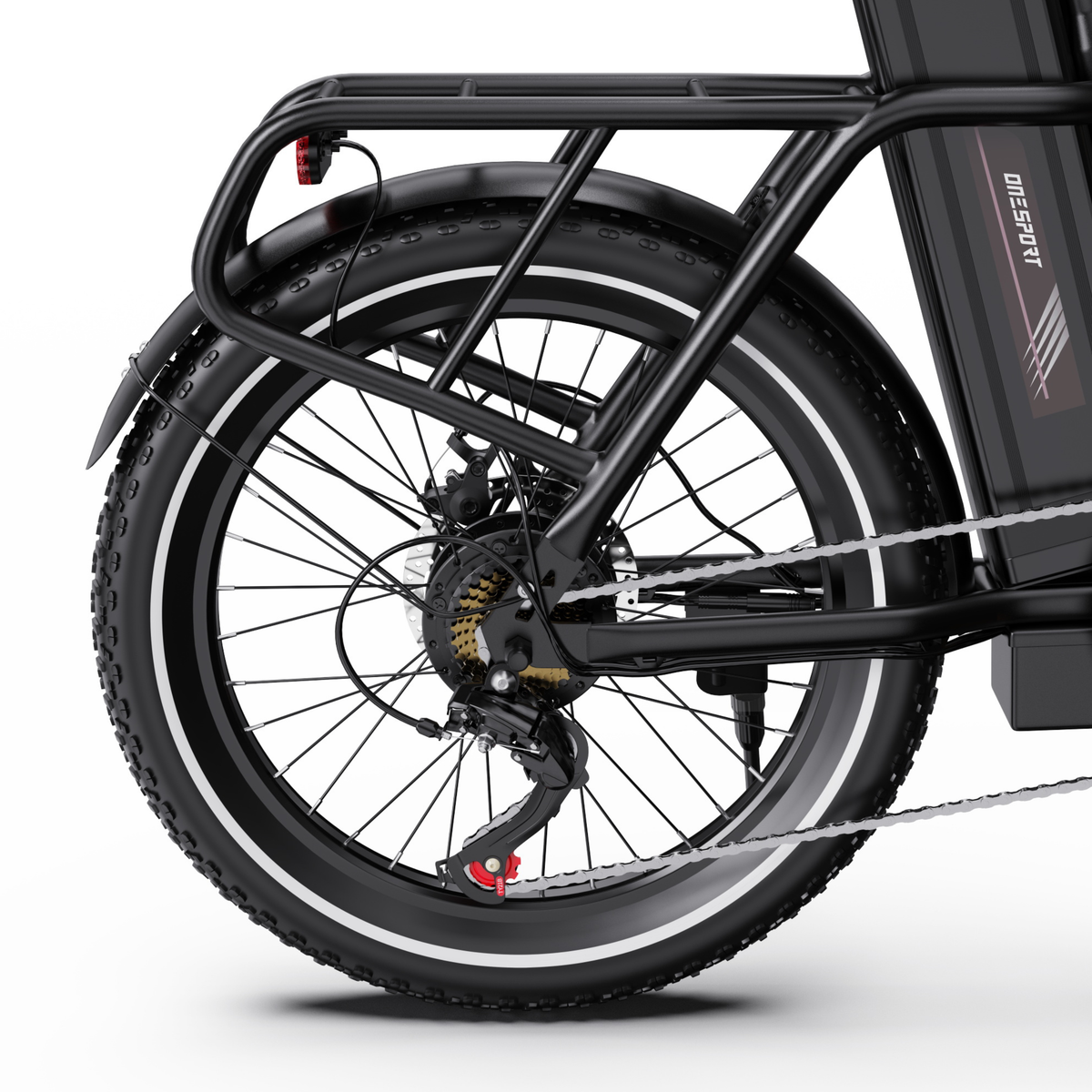 OneSport OT16 Pro, roue arrière avec porte-bagages, garde-boue, frein à disque et dérailleur