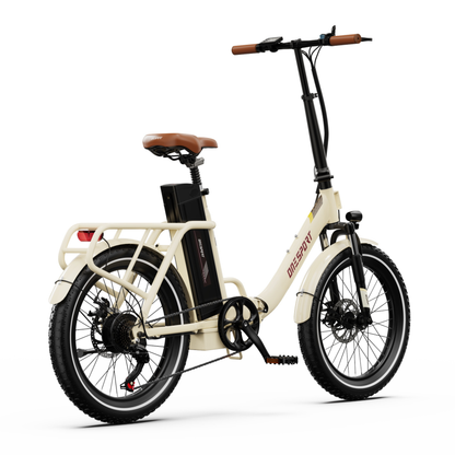 Vélo électrique OneSport OT16 Pro vu de trois quarts arrière droit, avec chaîne, pédale, batterie et porte-bagages