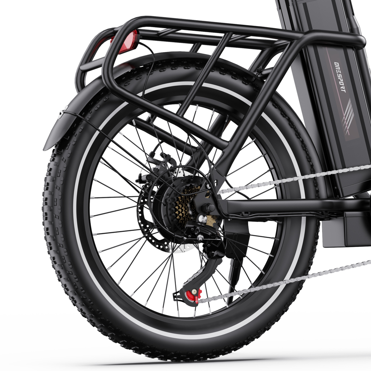 OneSport OT16 Pro, roue arrière avec porte-bagages, feu arrière, frein à disque, chaîne et dérailleur