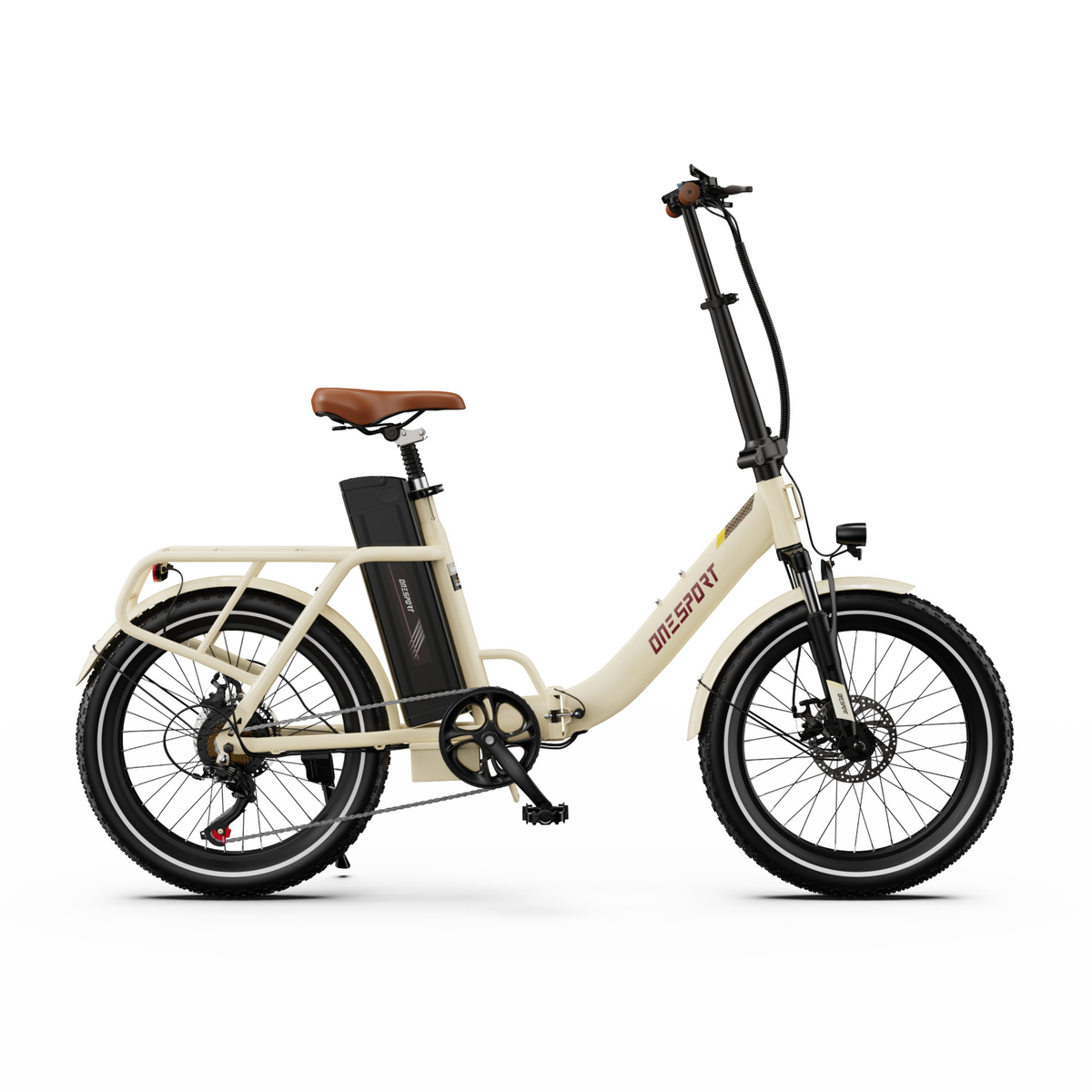 OneSport OT16 Pro, vélo électrique blanc crème vu de profil, avec selle marron, porte-bagages et batterie noire