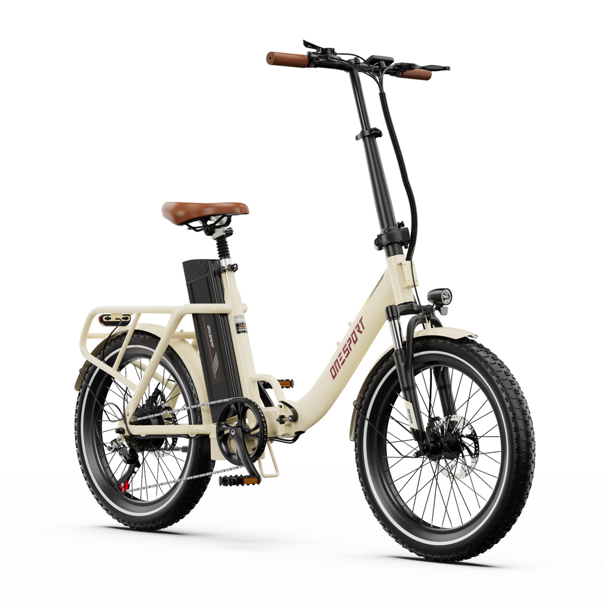 OneSport OT16 Pro, vélo électrique blanc crème vu de trois quarts avant, avec poignées marron, selle marron et phare avant