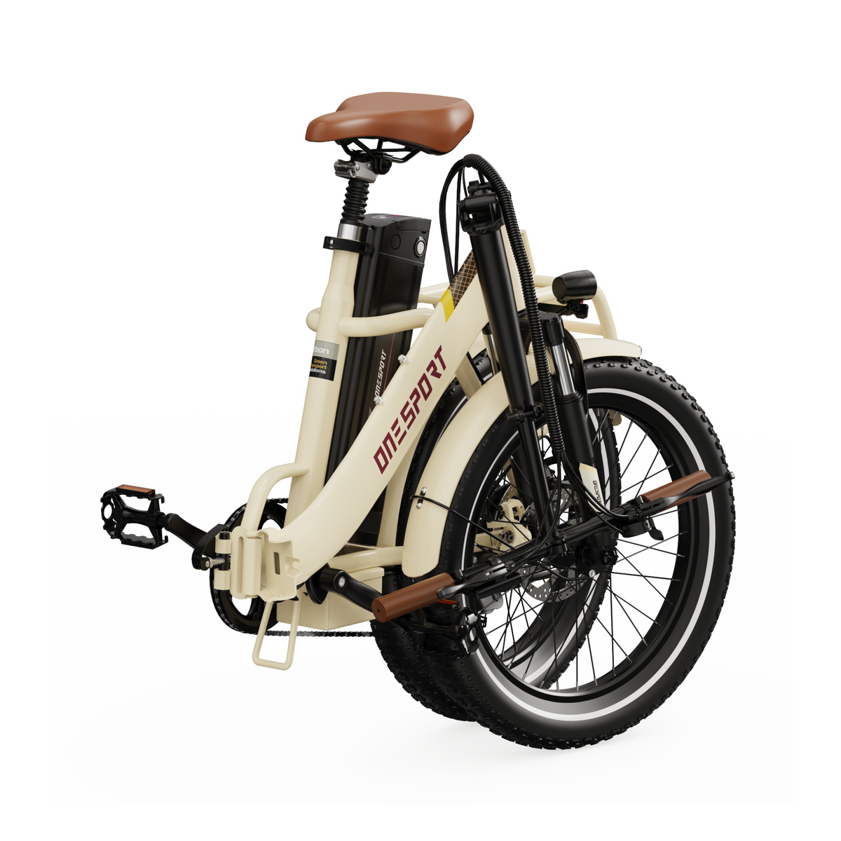 OneSport OT16 Pro, vélo électrique blanc crème en position pliée, vu de trois quarts arrière, avec selle marron et pédale