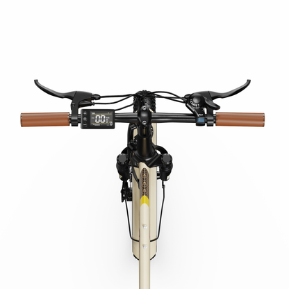 OneSport OT16 Pro, guidon vu du dessus avec poignées marron, leviers de frein, commande de vitesses et écran