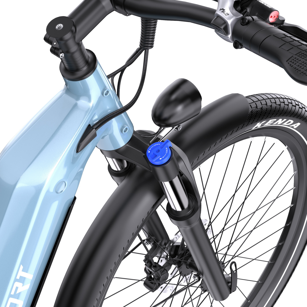 OneSport WT05, gros plan sur la fourche avant avec réglage bleu, feu, garde-boue et cadre bleu clair