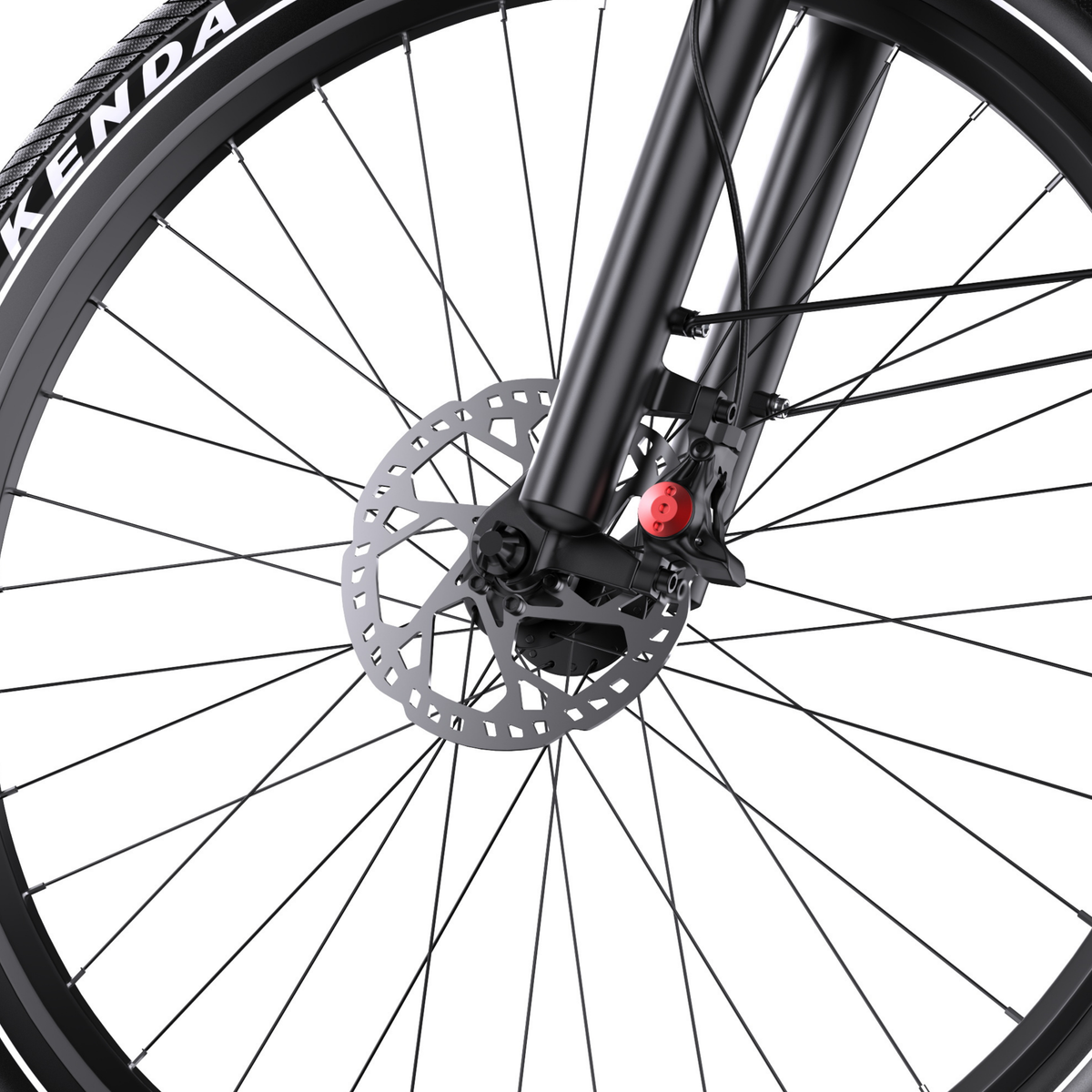 OneSport WT05, gros plan sur le disque de frein de la roue avant, l'étrier, les rayons et le pneu Kenda