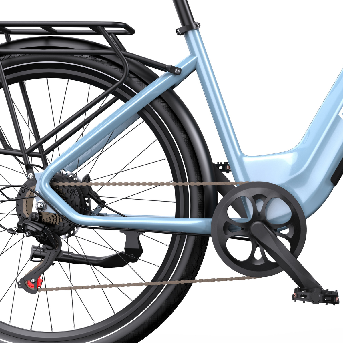OneSport WT05, vue de profil de l'arrière du cadre avec porte-bagages, roue arrière, chaîne, manivelle et pédale