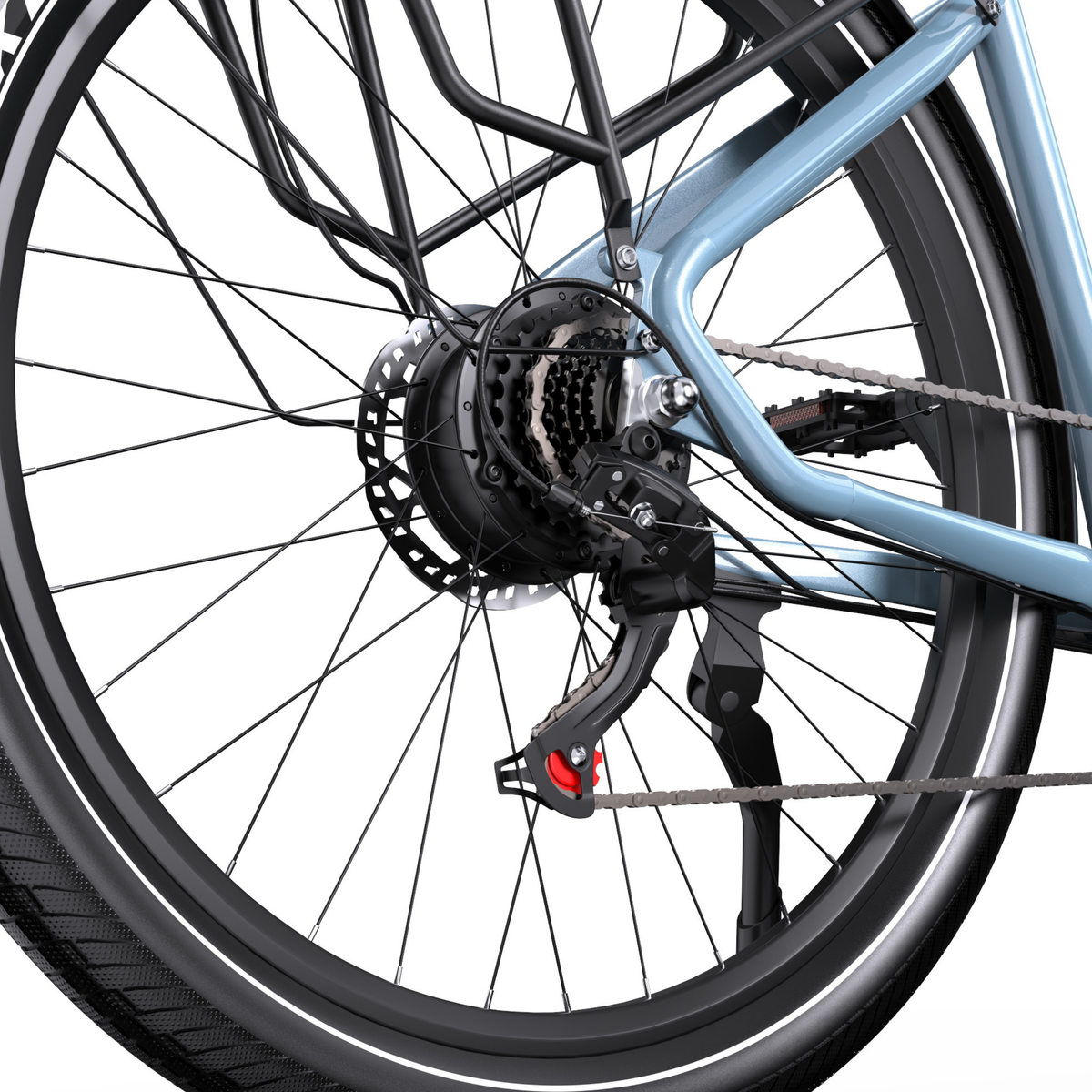 OneSport WT05, gros plan sur le moyeu de la roue arrière avec cassette, dérailleur, disque de frein et porte-bagages