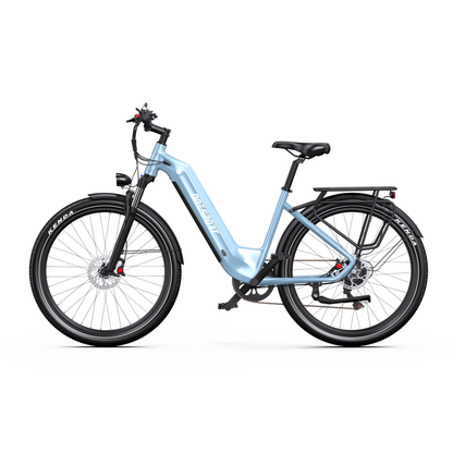 Vélo électrique OneSport WT05 bleu clair, vu de profil, avec cadre à enjambement bas et porte-bagages