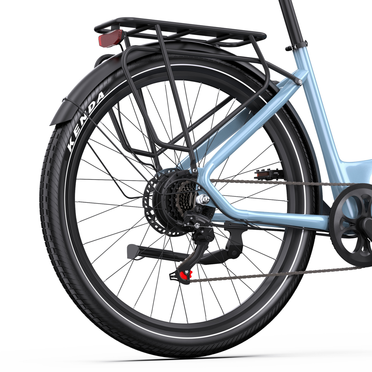 OneSport WT05, roue arrière avec pneu Kenda, porte-bagages avec feu arrière rouge, garde-boue et chaîne