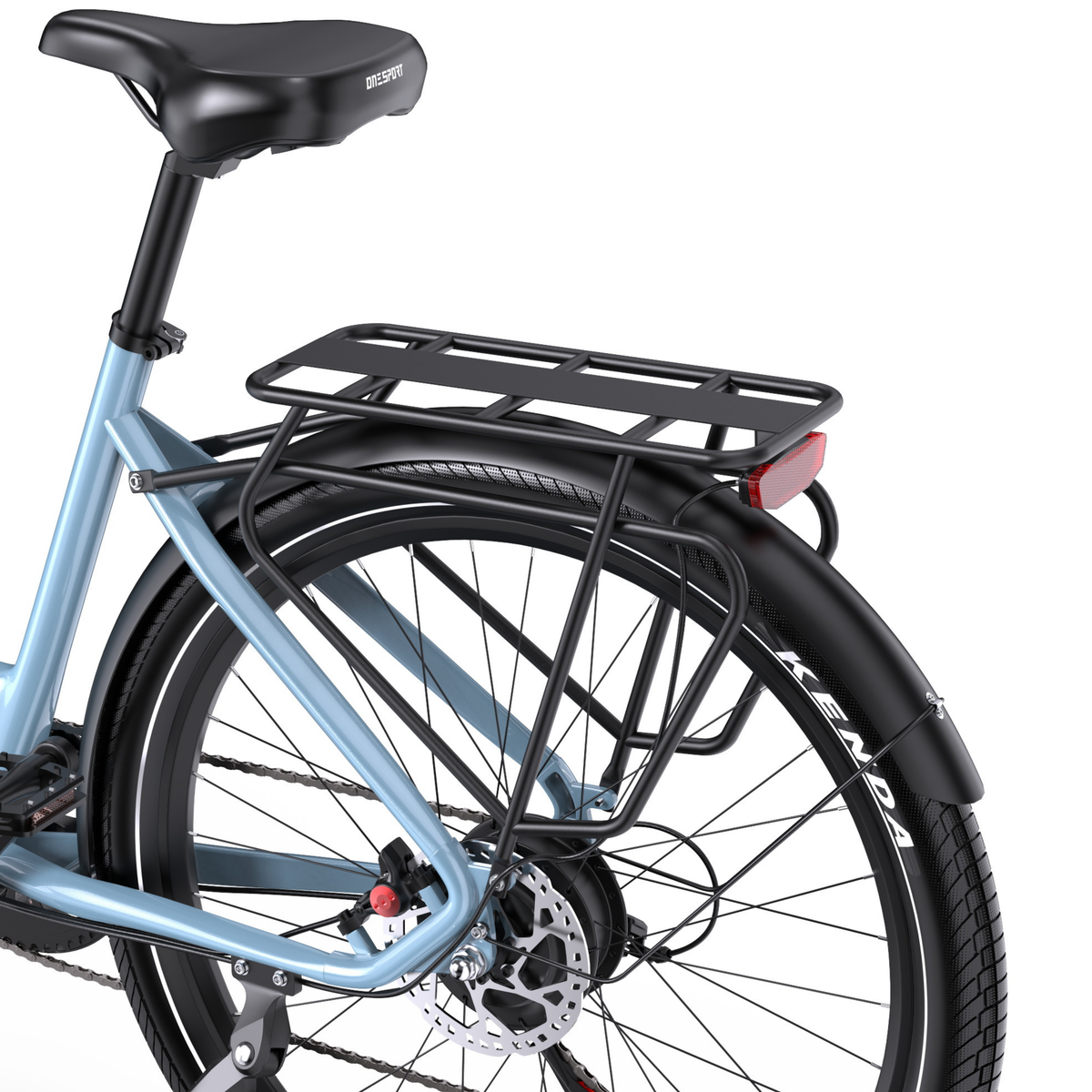 Arrière du OneSport WT05 avec porte-bagages, catadioptre rouge, frein à disque, garde-boue et pneu Kenda