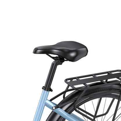 Gros plan sur la selle noire et la tige de selle du OneSport WT05 avec cadre bleu clair