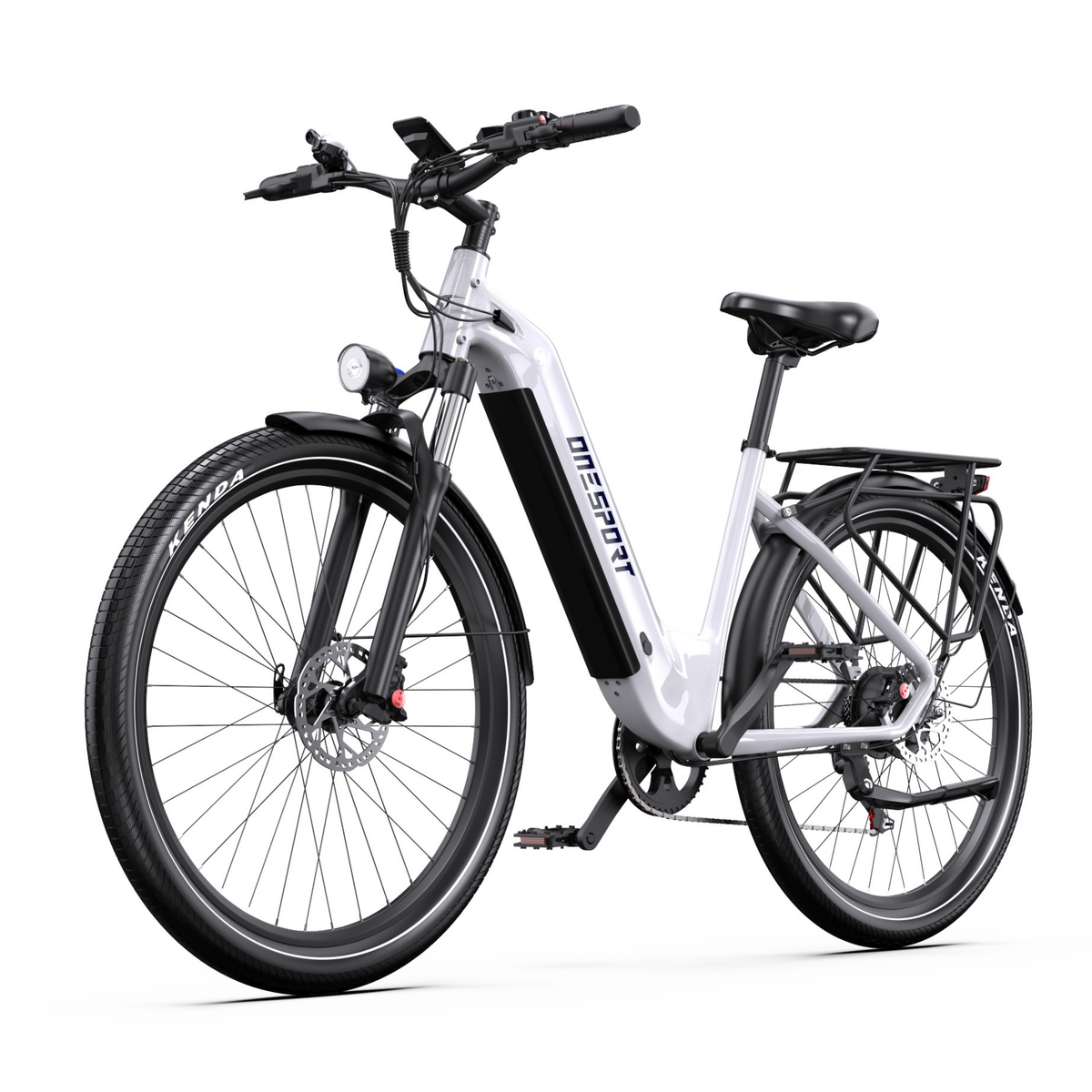 Vélo électrique OneSport WT05 blanc, vu de trois quarts avant avec phare avant, fourche avant et porte-bagages arrière