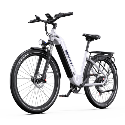 Vélo électrique OneSport WT05 blanc, vu de trois quarts avant avec phare avant, fourche avant et porte-bagages arrière