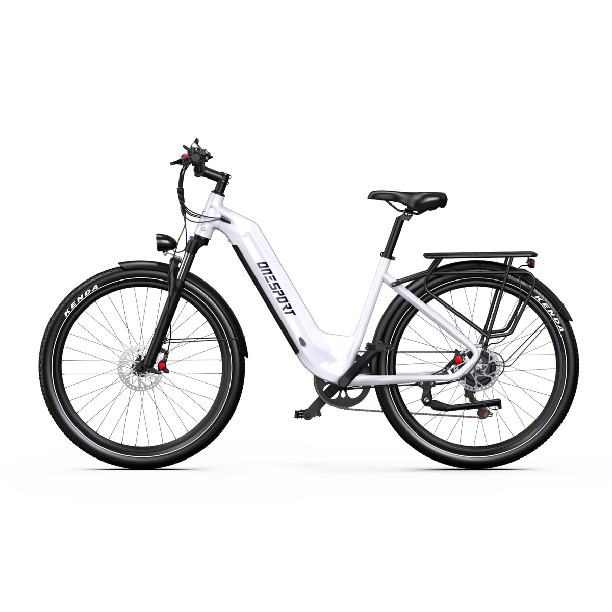 Vélo électrique OneSport WT05 blanc, vu de profil avec cadre à enjambement bas, garde-boue et porte-bagages