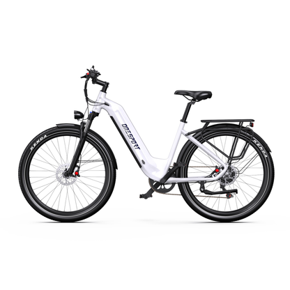 Vélo électrique OneSport WT05 blanc, vu de profil avec cadre à enjambement bas, garde-boue et porte-bagages