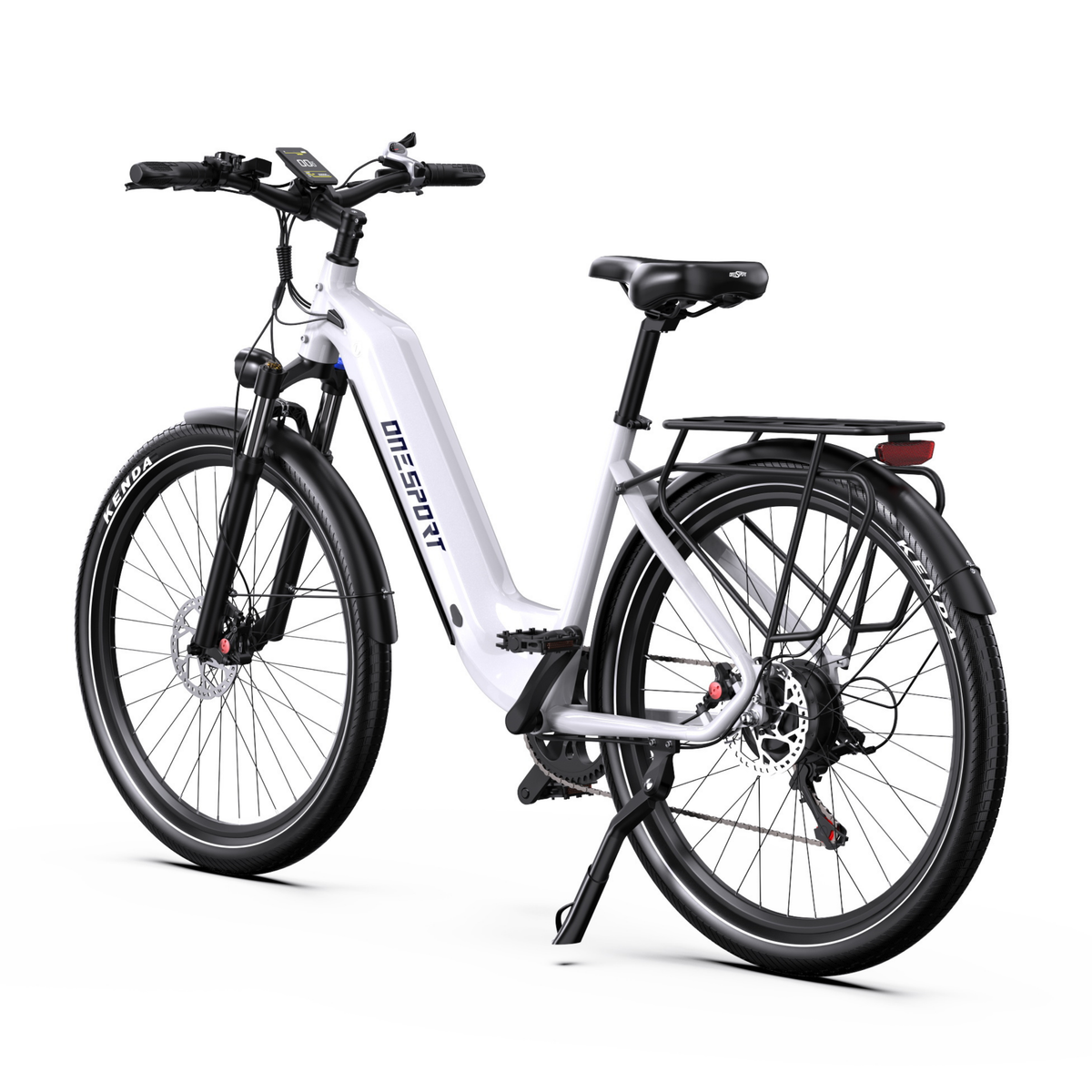 Vélo électrique OneSport WT05 blanc, vu de trois quarts arrière avec écran sur le guidon, porte-bagages, feu arrière et béquille